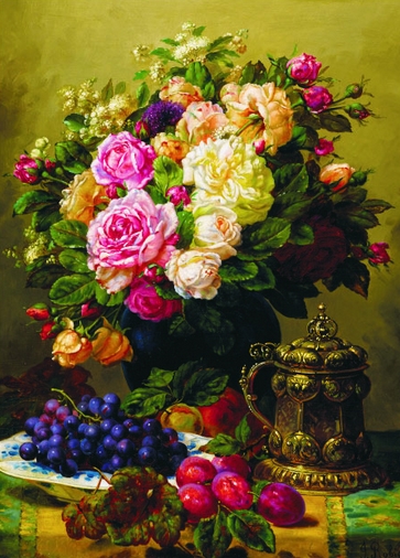 Gold-Puzzle-60904 Jean-Baptiste Robie : Still Life with Roses, Grapes and Plums