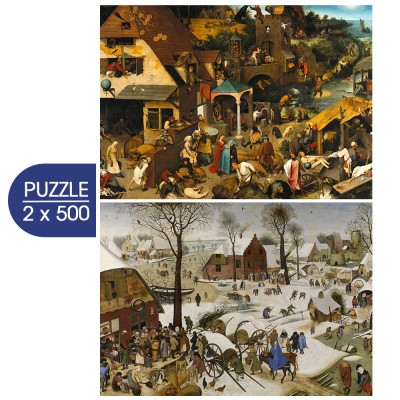 Grafika-F-33705 2 Puzzles - L'Art de Pieter Brueghel : Proverbes Flamands - Le Dénombrement de Bethléem