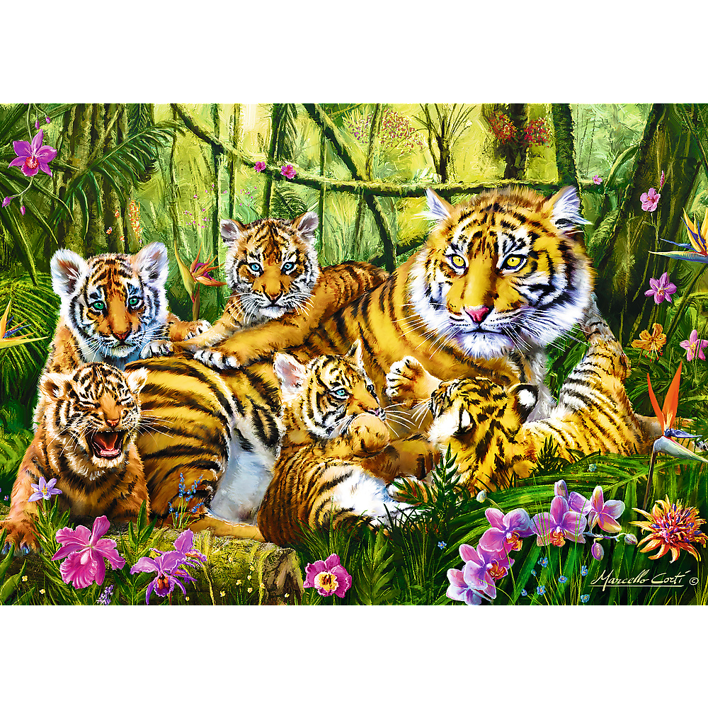 Puzzle adulte tigre et bebes tigres dans la foret - 1000 pieces